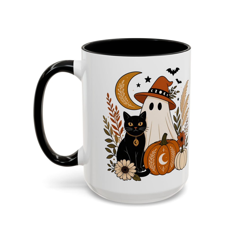 Halloween Ghost & Black Cat Accent Coffee Mug — Spooky Pumpkin Fall Coffee Cup (11/15oz)