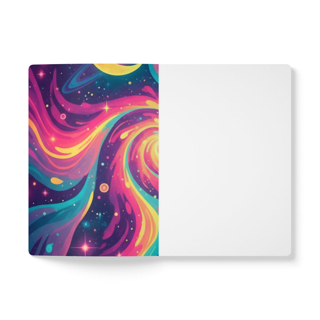 Cosmic Swirl Softcover Journal — Neon Galaxy Moon & Planets Notebook