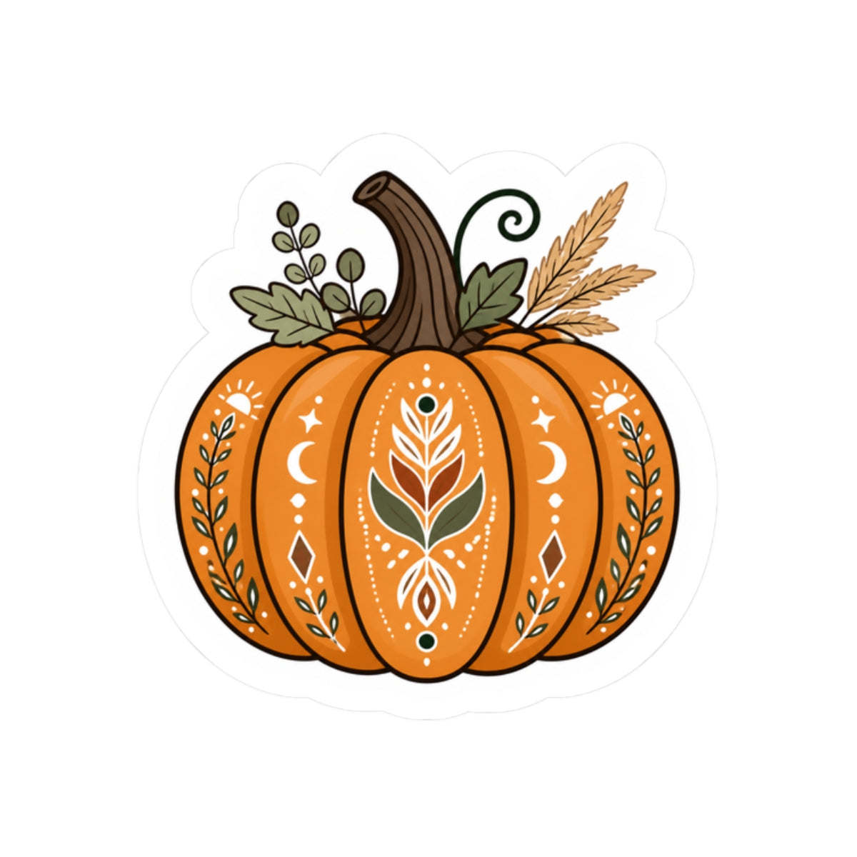 Autumn Boho Pumpkin Sticker — Fall Floral Kiss-Cut Decal