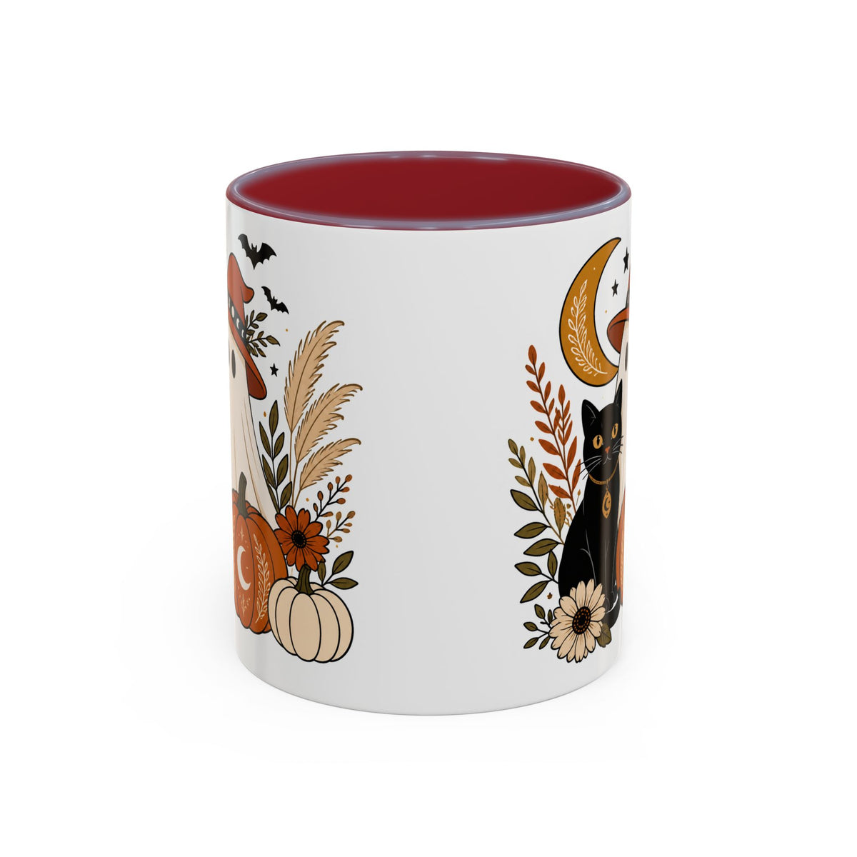 Halloween Ghost & Black Cat Accent Coffee Mug — Spooky Pumpkin Fall Coffee Cup (11/15oz)