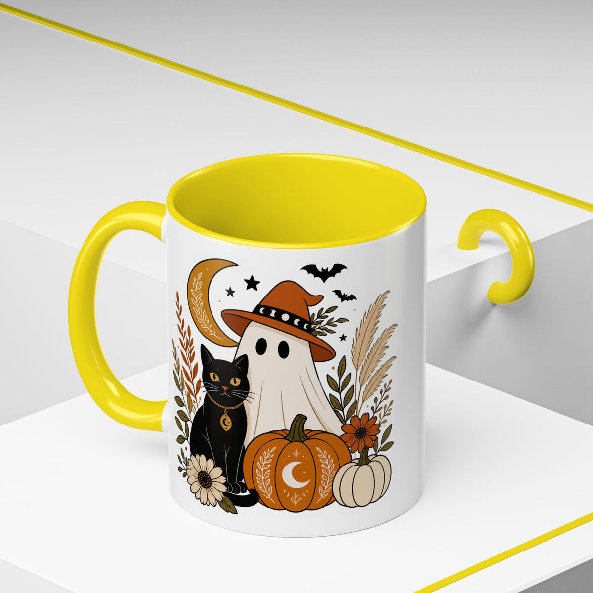 Halloween Ghost & Black Cat Accent Coffee Mug — Spooky Pumpkin Fall Coffee Cup (11/15oz)