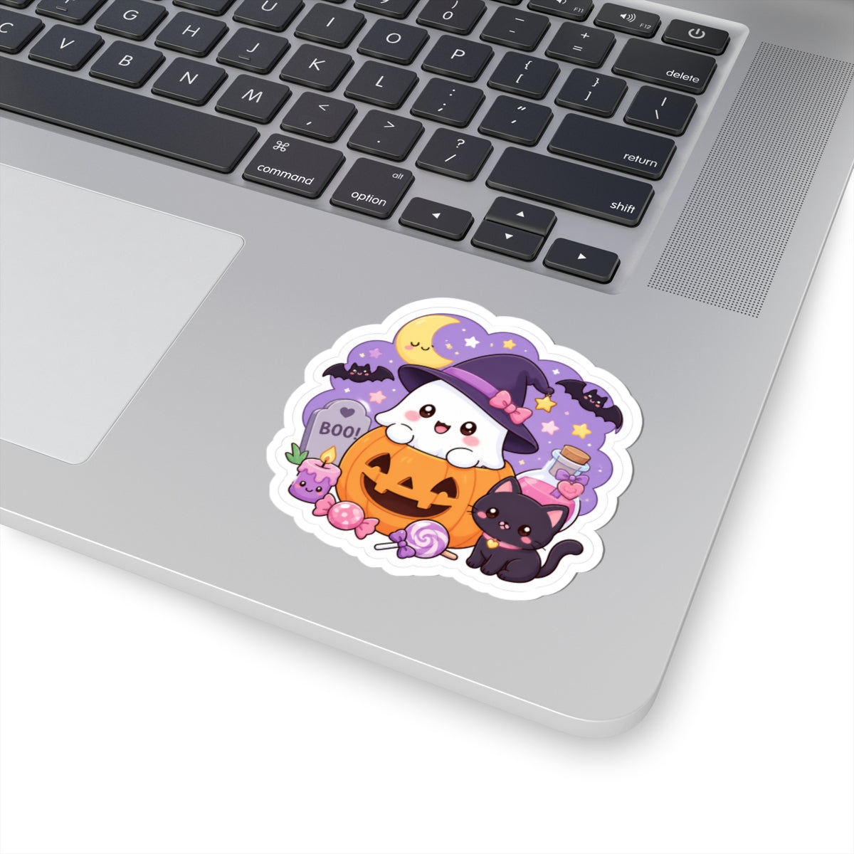 Cute Halloween Ghost & Black Cat Kiss-Cut Sticker — Pumpkin, Candy & Witch Hat Design