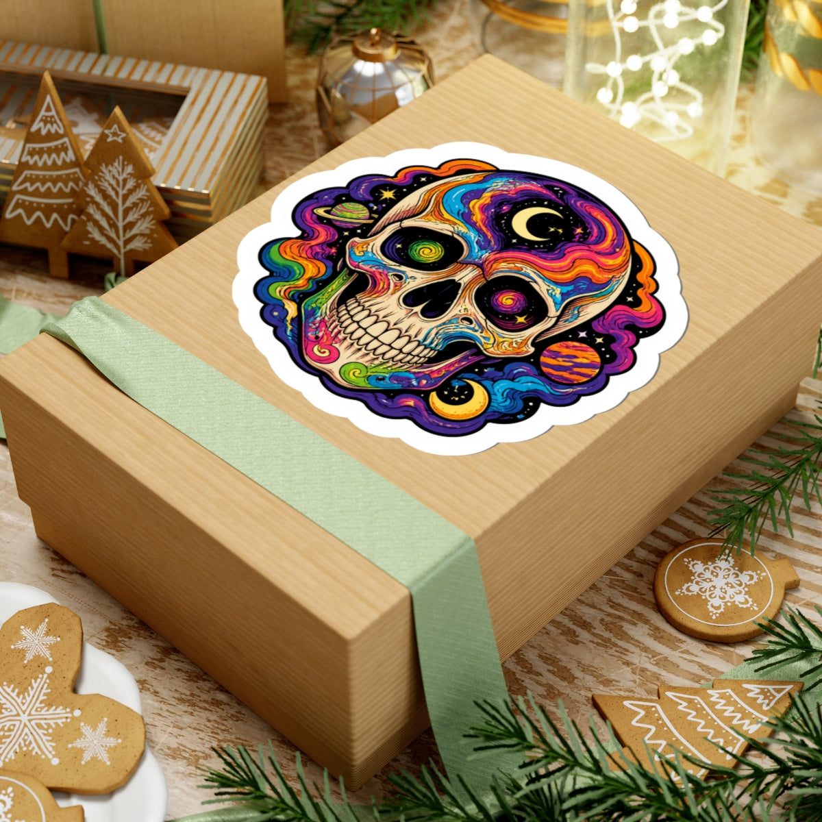 Psychedelic Cosmic Skull Sticker — Colorful Space Skull Kiss-Cut Decal
