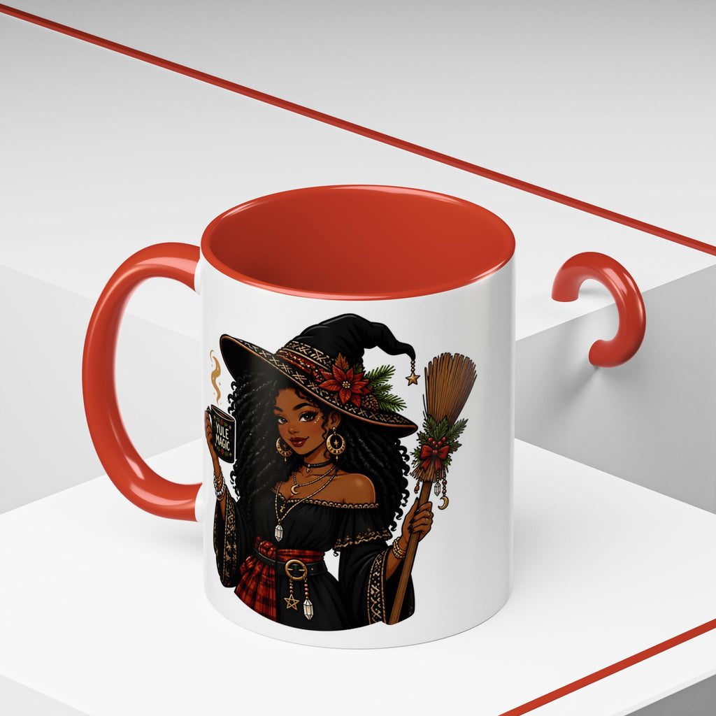 Witchy Christmas Coffee Mug with Black Witch and Broom Design