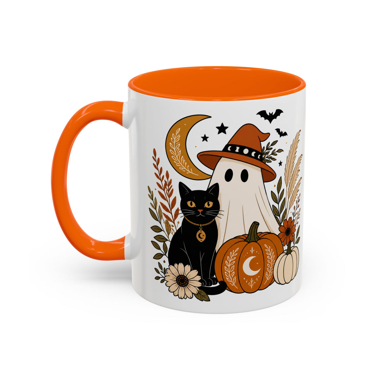 Halloween Ghost & Black Cat Accent Coffee Mug — Spooky Pumpkin Fall Coffee Cup (11/15oz)
