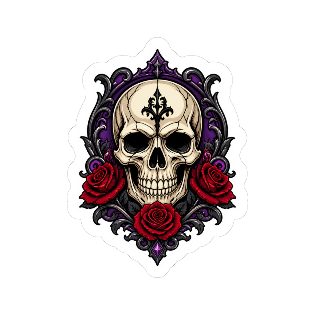 Gothic Skull and Red Roses Kiss-Cut Sticker