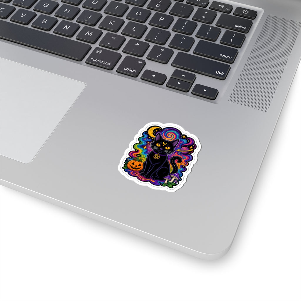 Psychedelic Black Cat Sticker — Halloween Witchy Cat Pumpkin Design