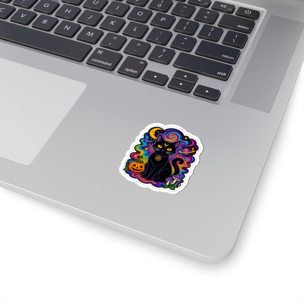 Psychedelic Black Cat Sticker — Halloween Witchy Cat Pumpkin Design