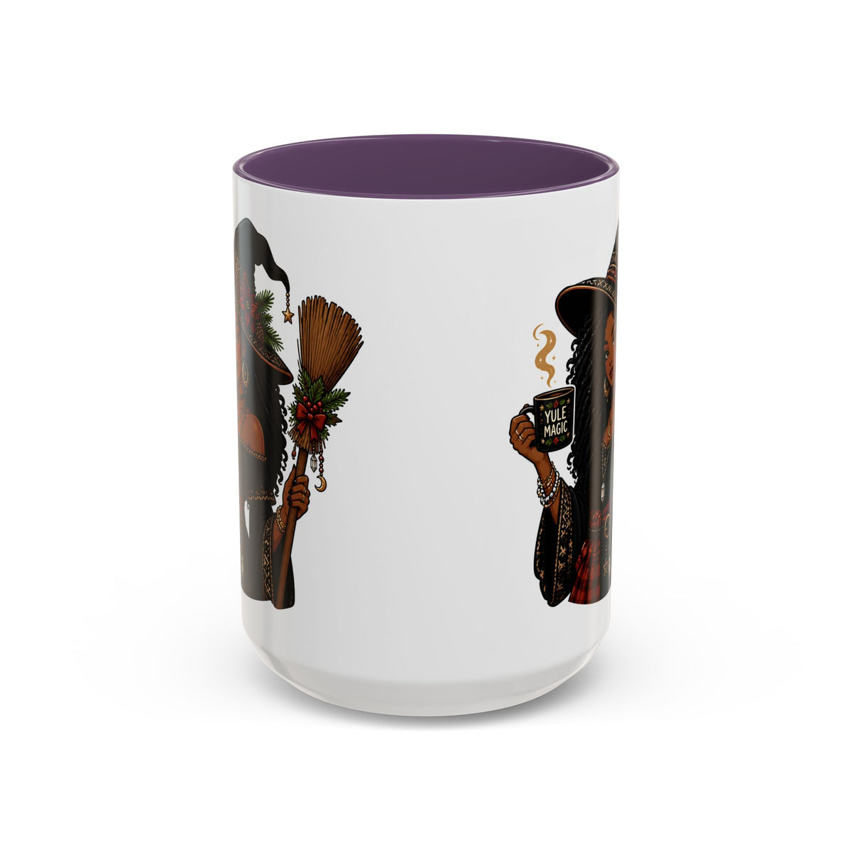 Witchy Christmas Coffee Mug with Black Witch and Broom Design