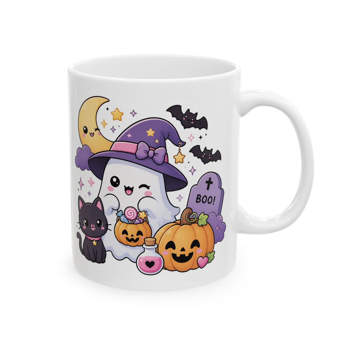 Cute Halloween Mug – Kawaii Pumpkins, Black Cat & Ghosts Ceramic Coffee Cup (11oz/15oz)