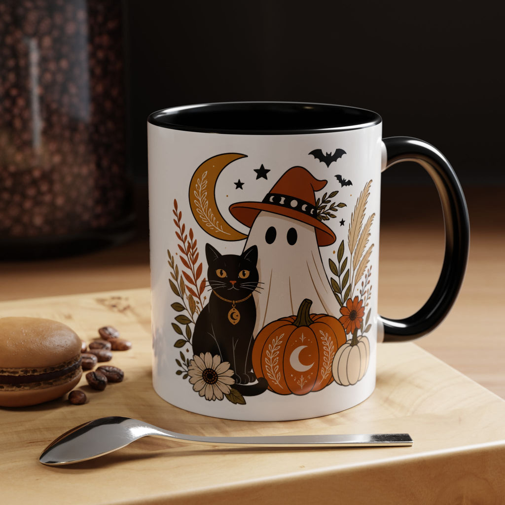 Halloween Ghost & Black Cat Accent Coffee Mug — Spooky Pumpkin Fall Coffee Cup (11/15oz)