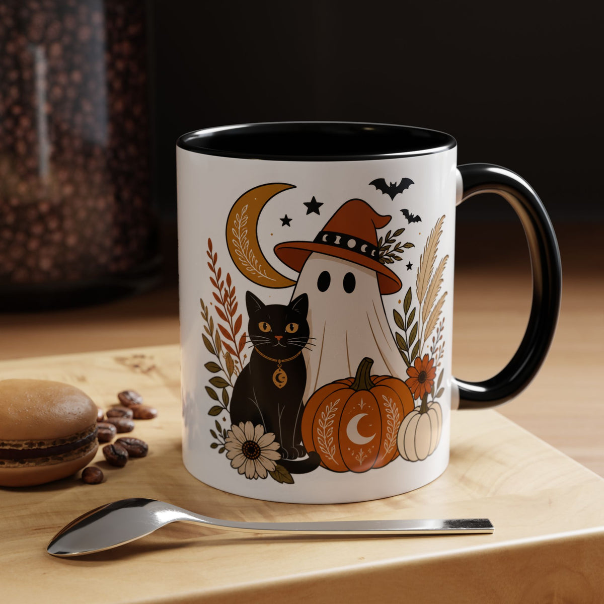 Halloween Ghost & Black Cat Accent Coffee Mug — Spooky Pumpkin Fall Coffee Cup (11/15oz)