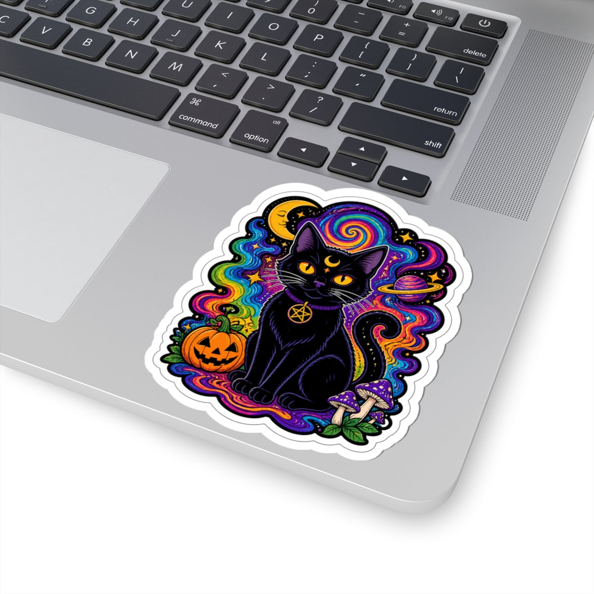Psychedelic Black Cat Sticker — Halloween Witchy Cat Pumpkin Design