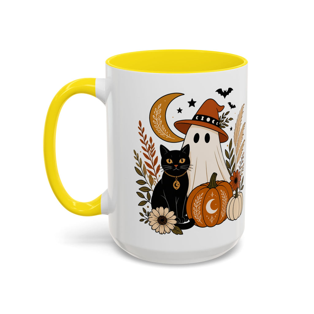 Halloween Ghost & Black Cat Accent Coffee Mug — Spooky Pumpkin Fall Coffee Cup (11/15oz)
