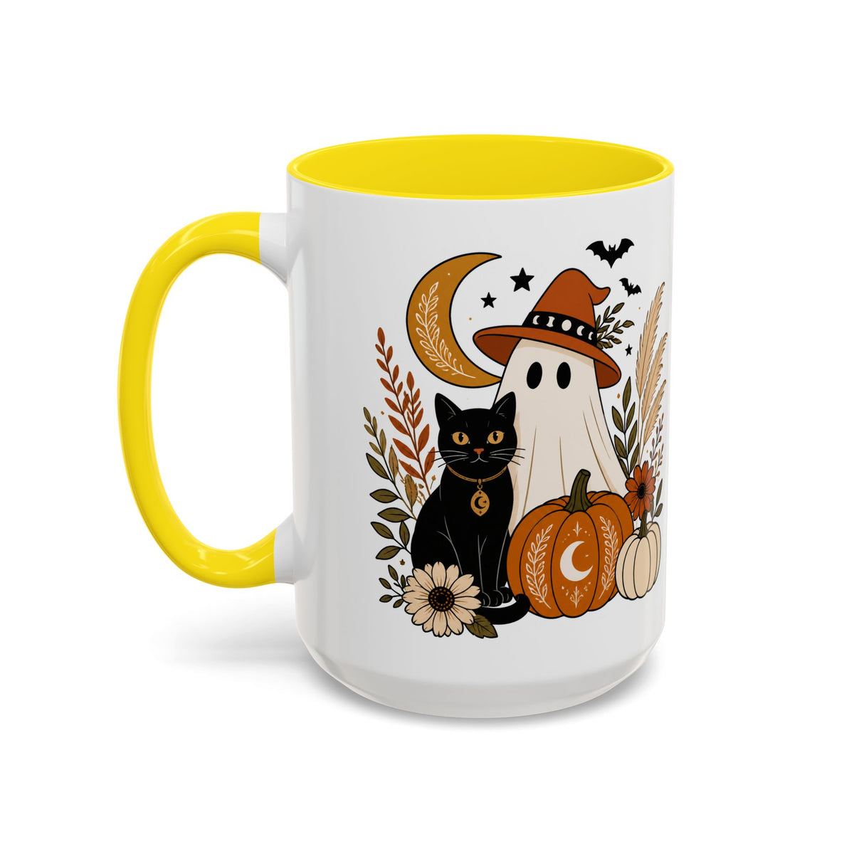 Halloween Ghost & Black Cat Accent Coffee Mug — Spooky Pumpkin Fall Coffee Cup (11/15oz)