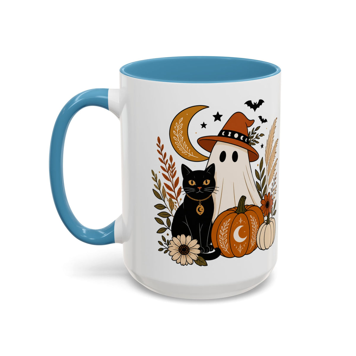 Halloween Ghost & Black Cat Accent Coffee Mug — Spooky Pumpkin Fall Coffee Cup (11/15oz)