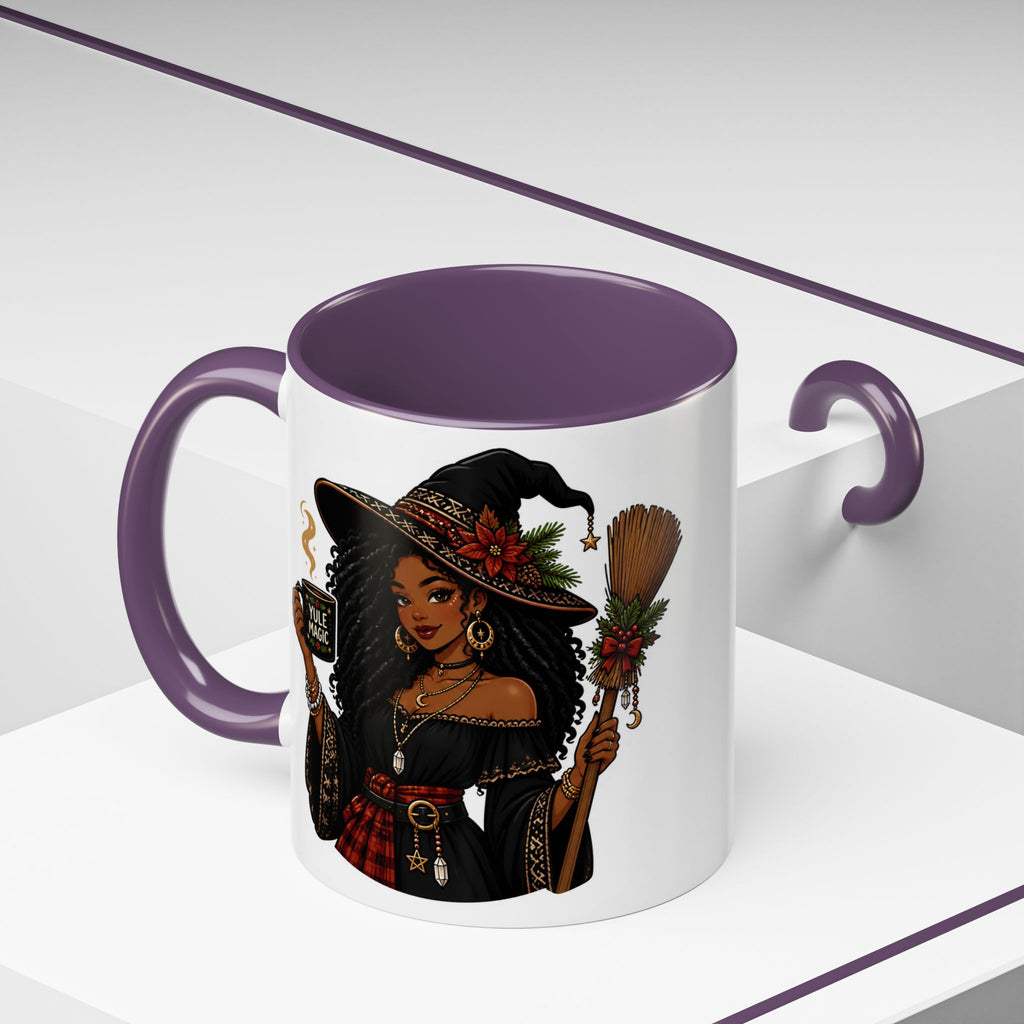 Witchy Christmas Coffee Mug with Black Witch and Broom Design