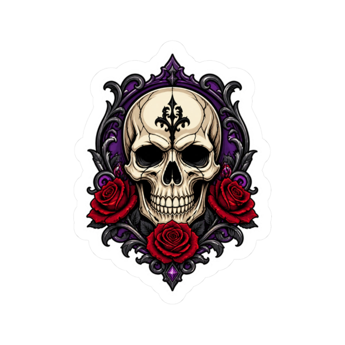 Gothic Skull and Red Roses Kiss-Cut Sticker
