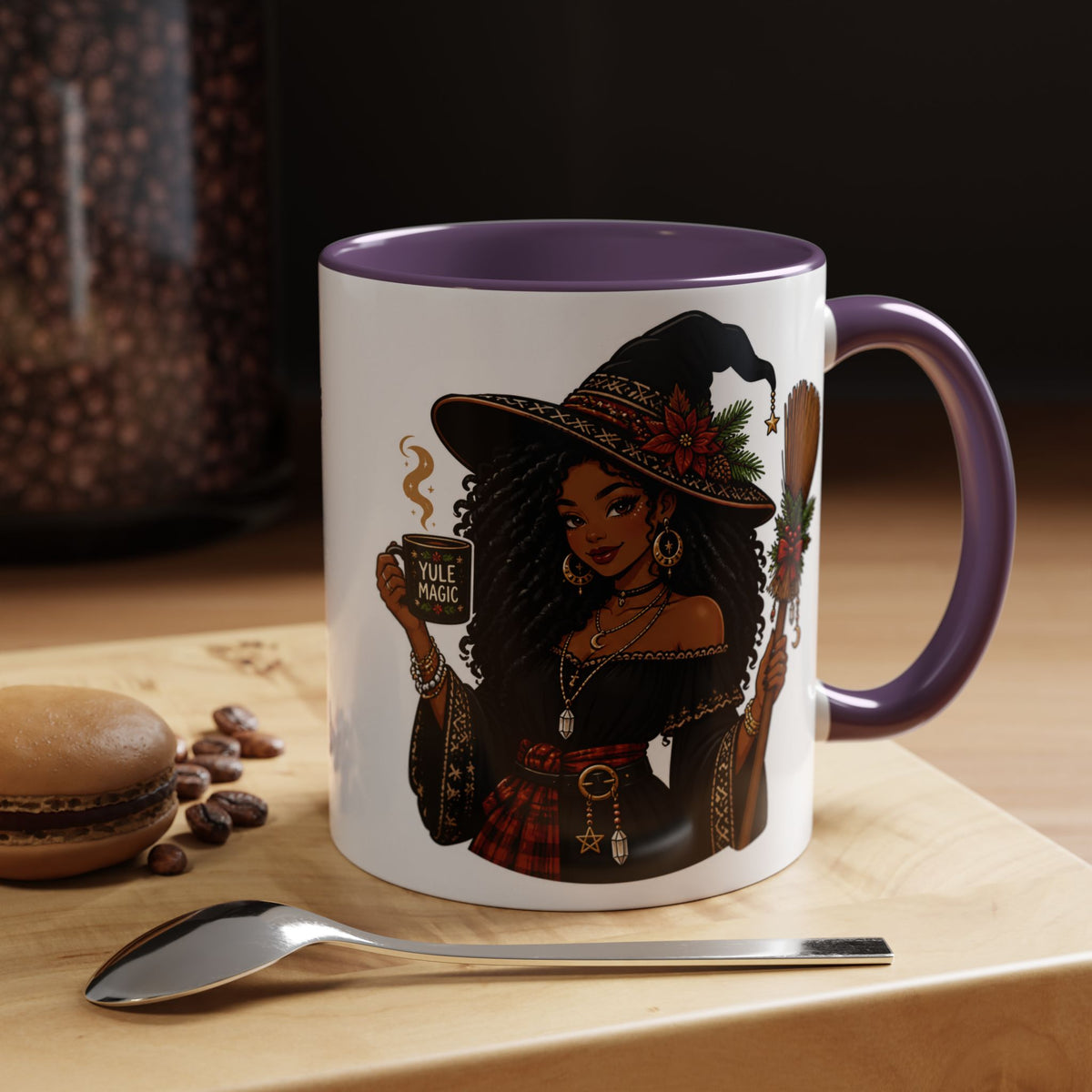 Witchy Christmas Coffee Mug with Black Witch and Broom Design