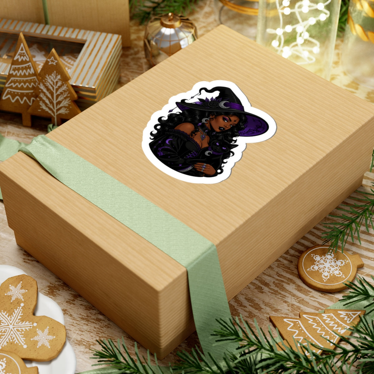 Gothic Witch with Black Cat Kiss-Cut Sticker