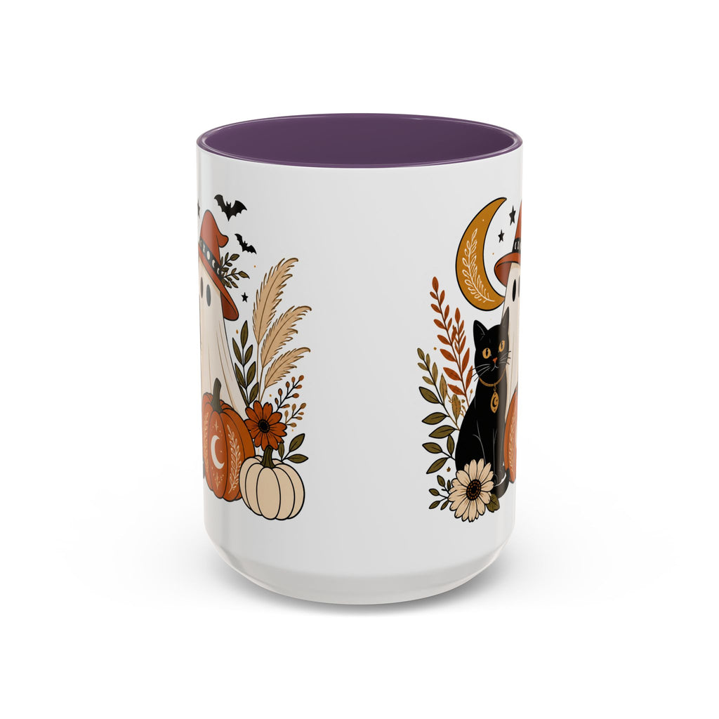 Halloween Ghost & Black Cat Accent Coffee Mug — Spooky Pumpkin Fall Coffee Cup (11/15oz)