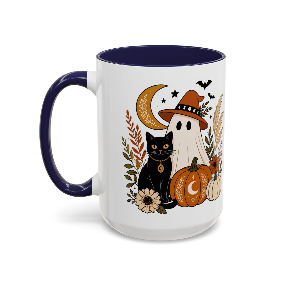 Halloween Ghost & Black Cat Accent Coffee Mug — Spooky Pumpkin Fall Coffee Cup (11/15oz)