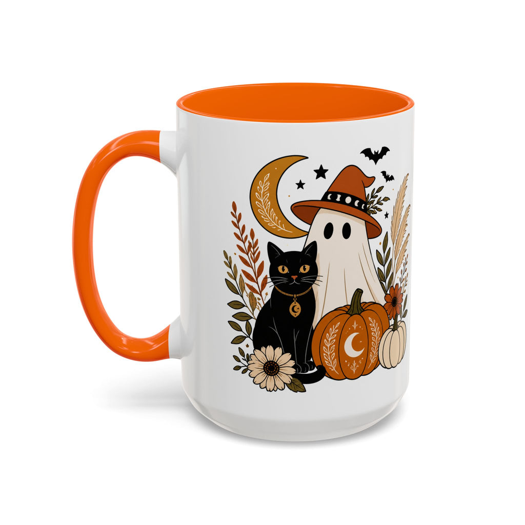 Halloween Ghost & Black Cat Accent Coffee Mug — Spooky Pumpkin Fall Coffee Cup (11/15oz)