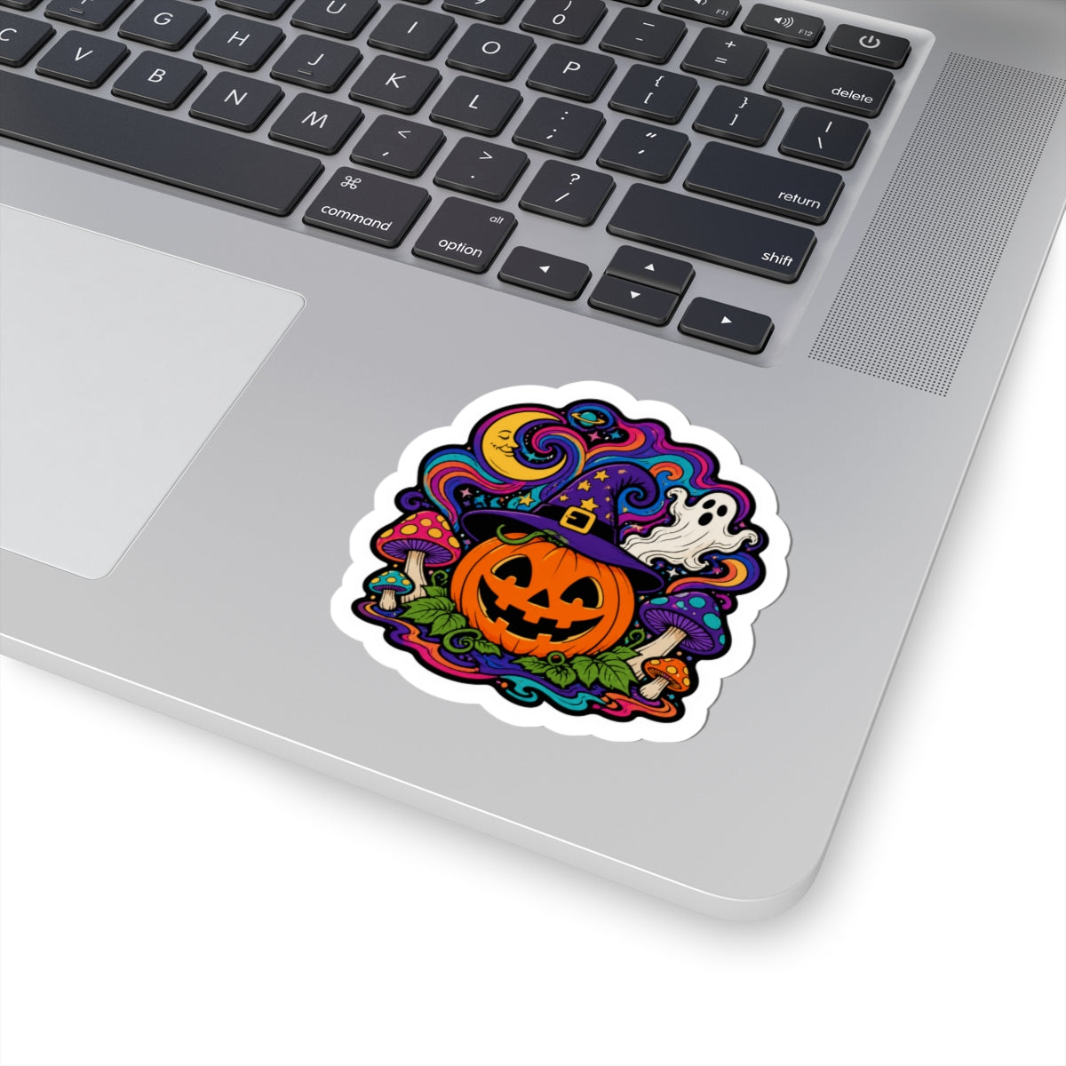 Halloween Pumpkin Witch Hat Kiss-Cut Sticker — Jack-O'-Lantern, Ghost & Psychedelic Mushroom Design