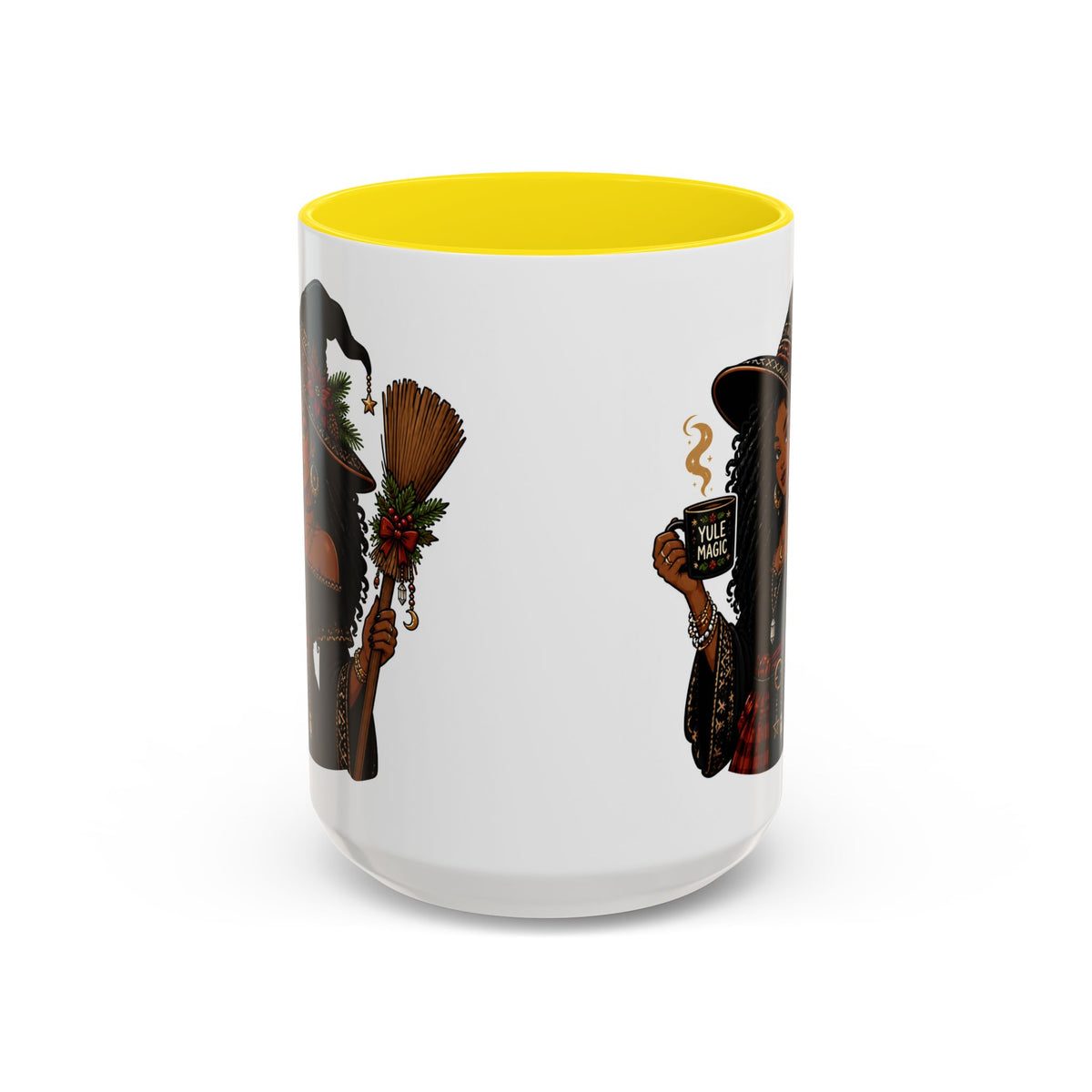 Witchy Christmas Coffee Mug with Black Witch and Broom Design