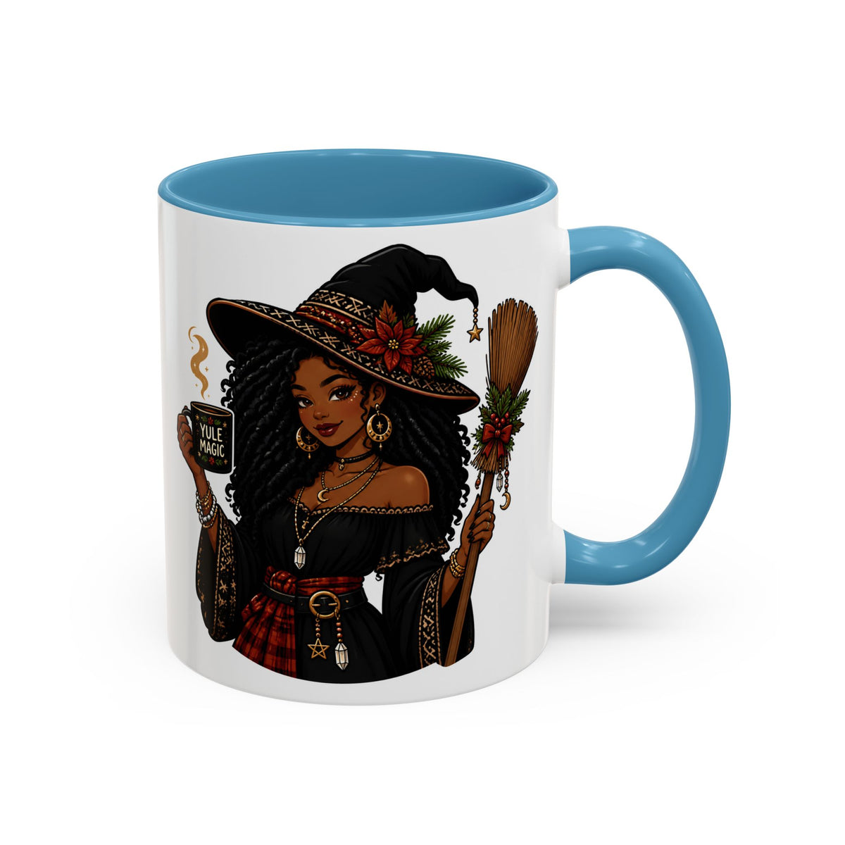 Witchy Christmas Coffee Mug with Black Witch and Broom Design