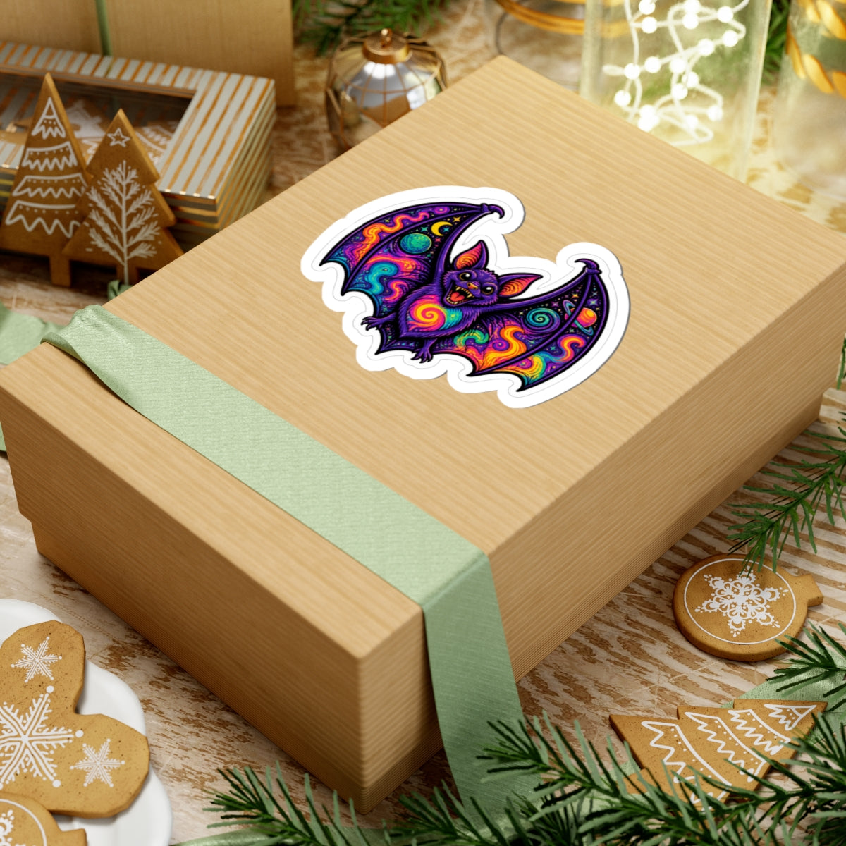 Psychedelic Bat Sticker — Colorful Cosmic Halloween Kiss-Cut Sticker