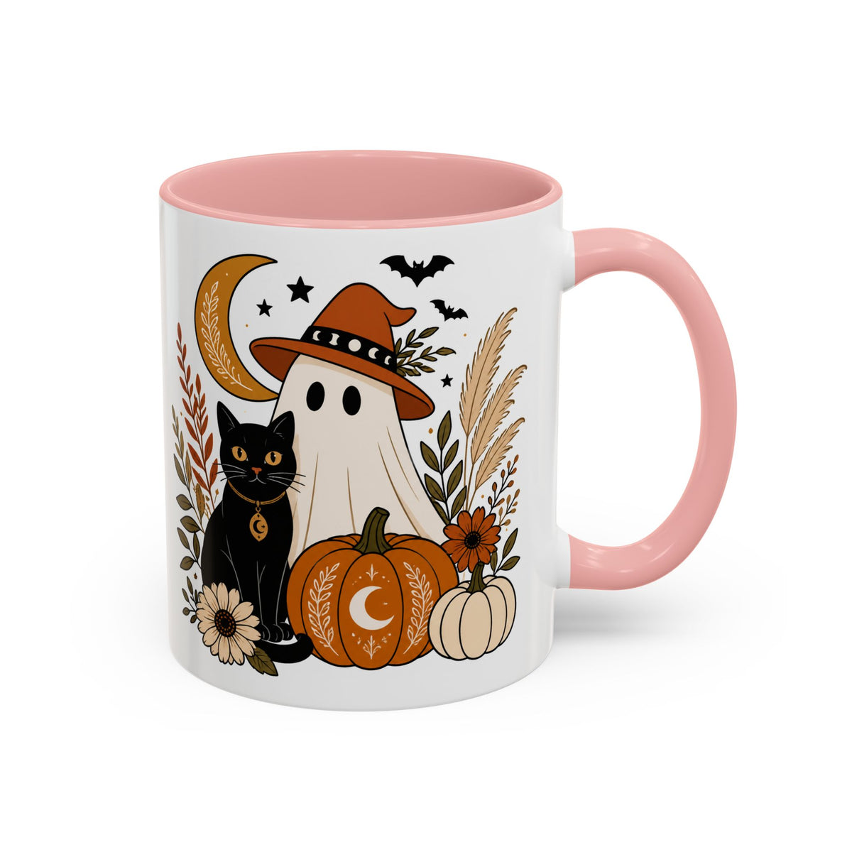 Halloween Ghost & Black Cat Accent Coffee Mug — Spooky Pumpkin Fall Coffee Cup (11/15oz)