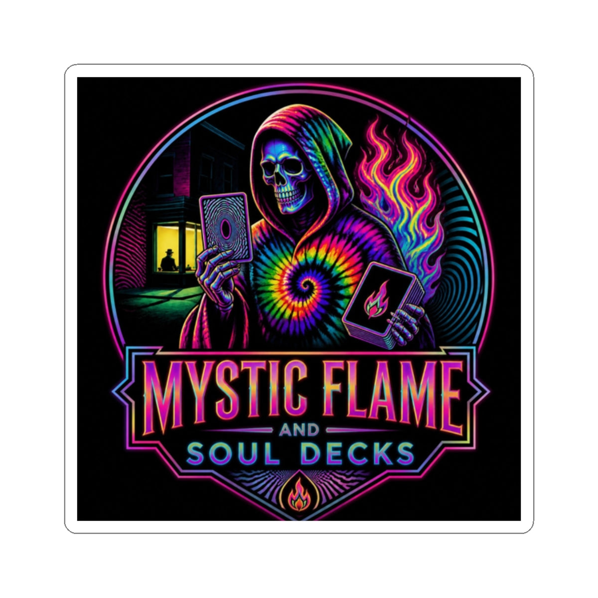 Mystic Flame & Soul Decks Sticker — Neon Grim Reaper Tarot Design