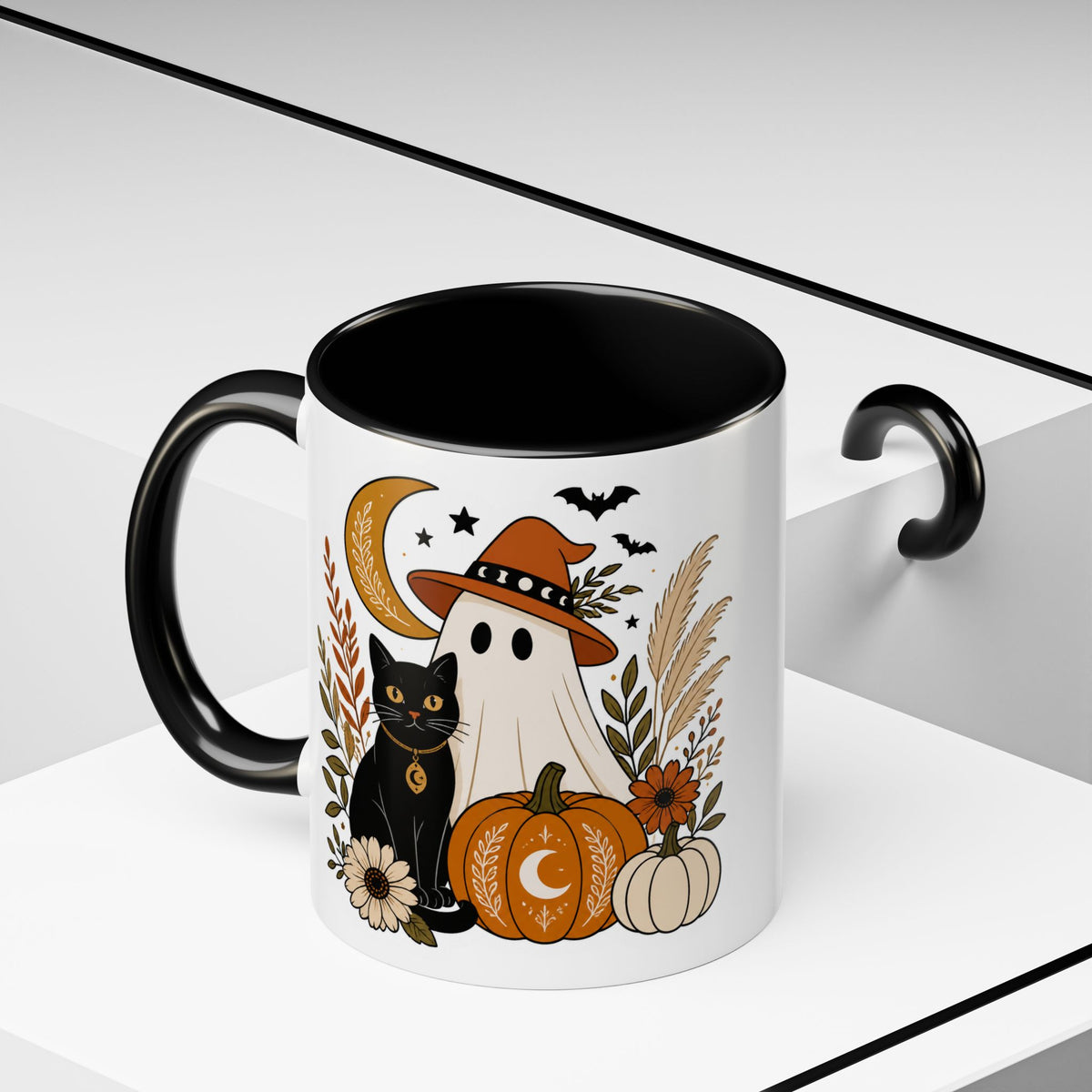 Halloween Ghost & Black Cat Accent Coffee Mug — Spooky Pumpkin Fall Coffee Cup (11/15oz)