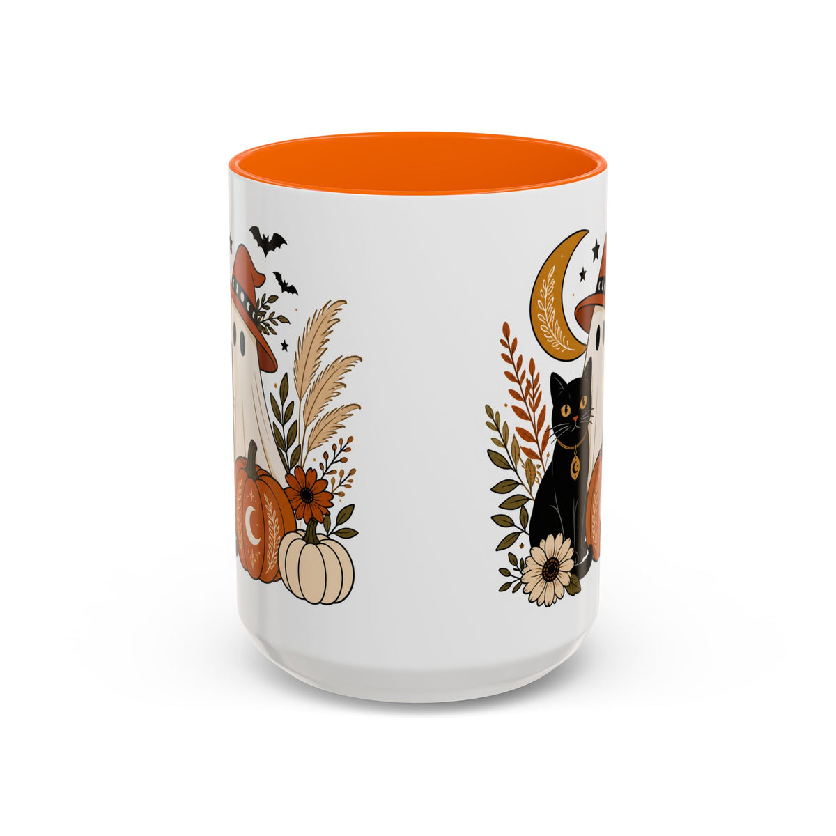 Halloween Ghost & Black Cat Accent Coffee Mug — Spooky Pumpkin Fall Coffee Cup (11/15oz)