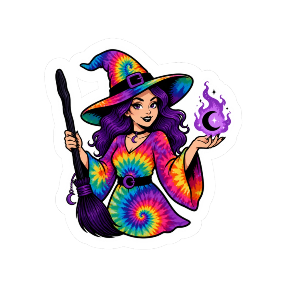 Tie-Dye Witch Sticker — Colorful Cute Halloween & Boho Laptop Decal