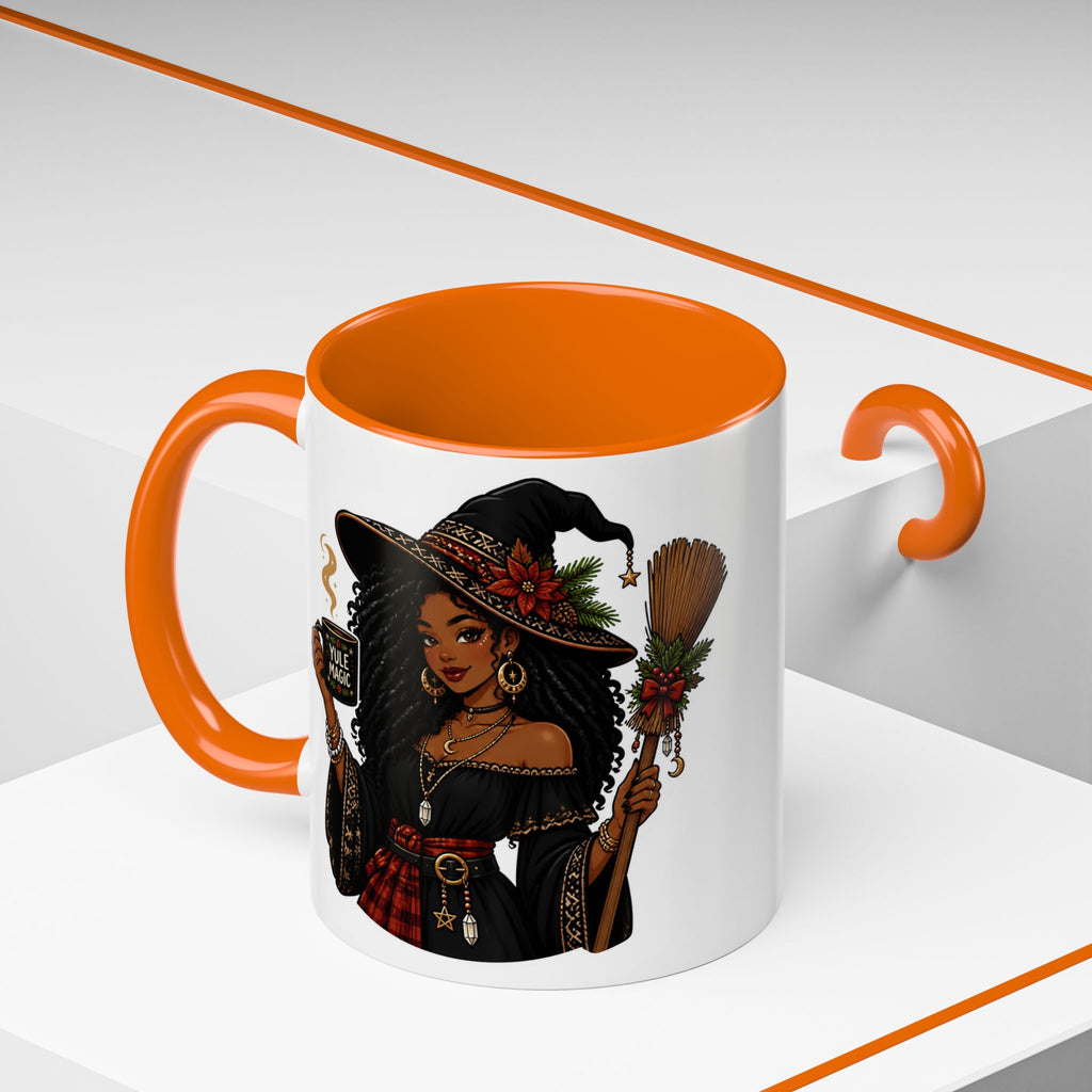 Witchy Christmas Coffee Mug with Black Witch and Broom Design