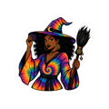 Tie-Dye Witch Sticker — Witch with Rainbow Spell Hat & Broom