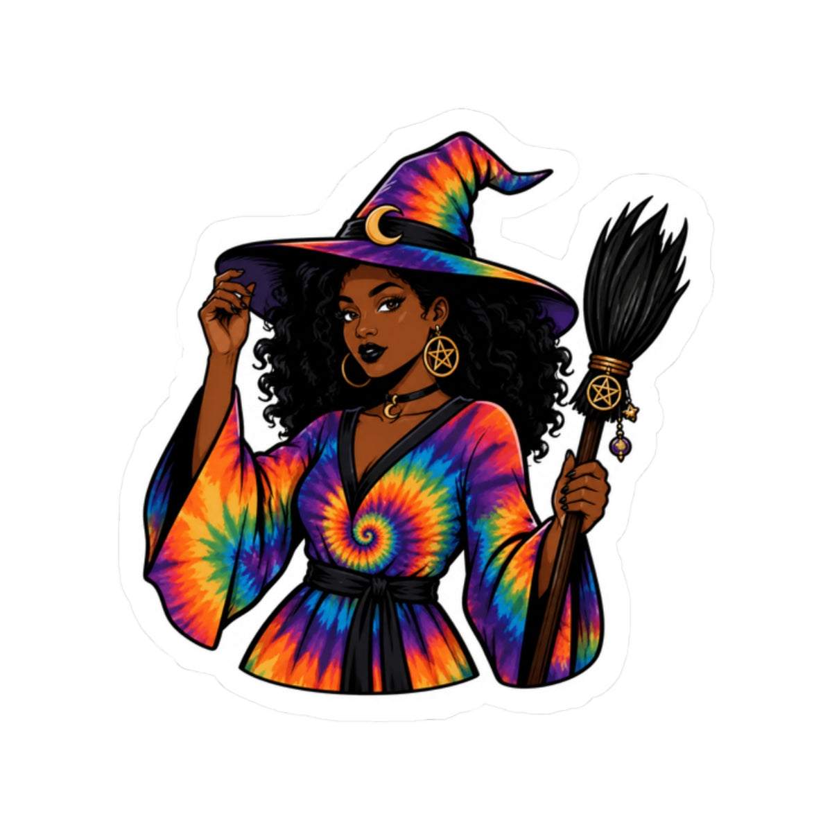 Tie-Dye Witch Sticker — Witch with Rainbow Spell Hat & Broom