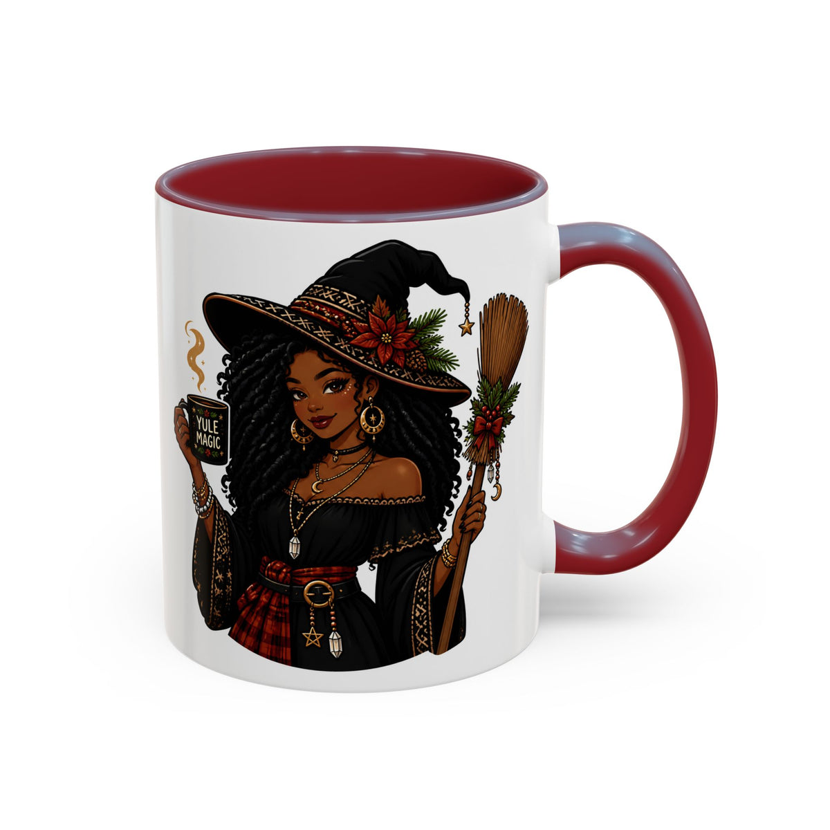 Witchy Christmas Coffee Mug with Black Witch and Broom Design