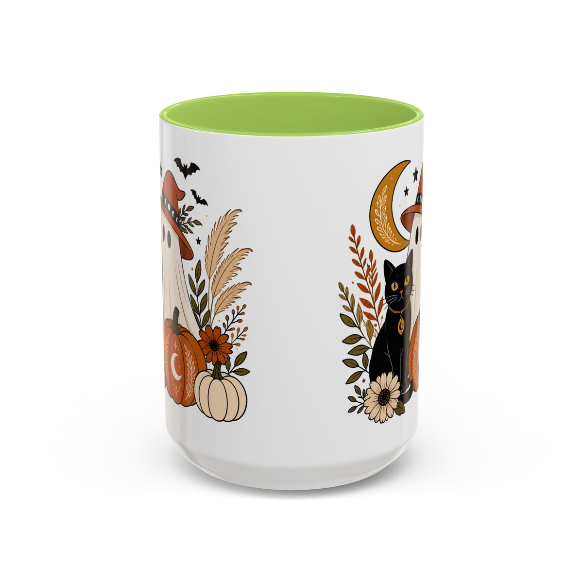 Halloween Ghost & Black Cat Accent Coffee Mug — Spooky Pumpkin Fall Coffee Cup (11/15oz)