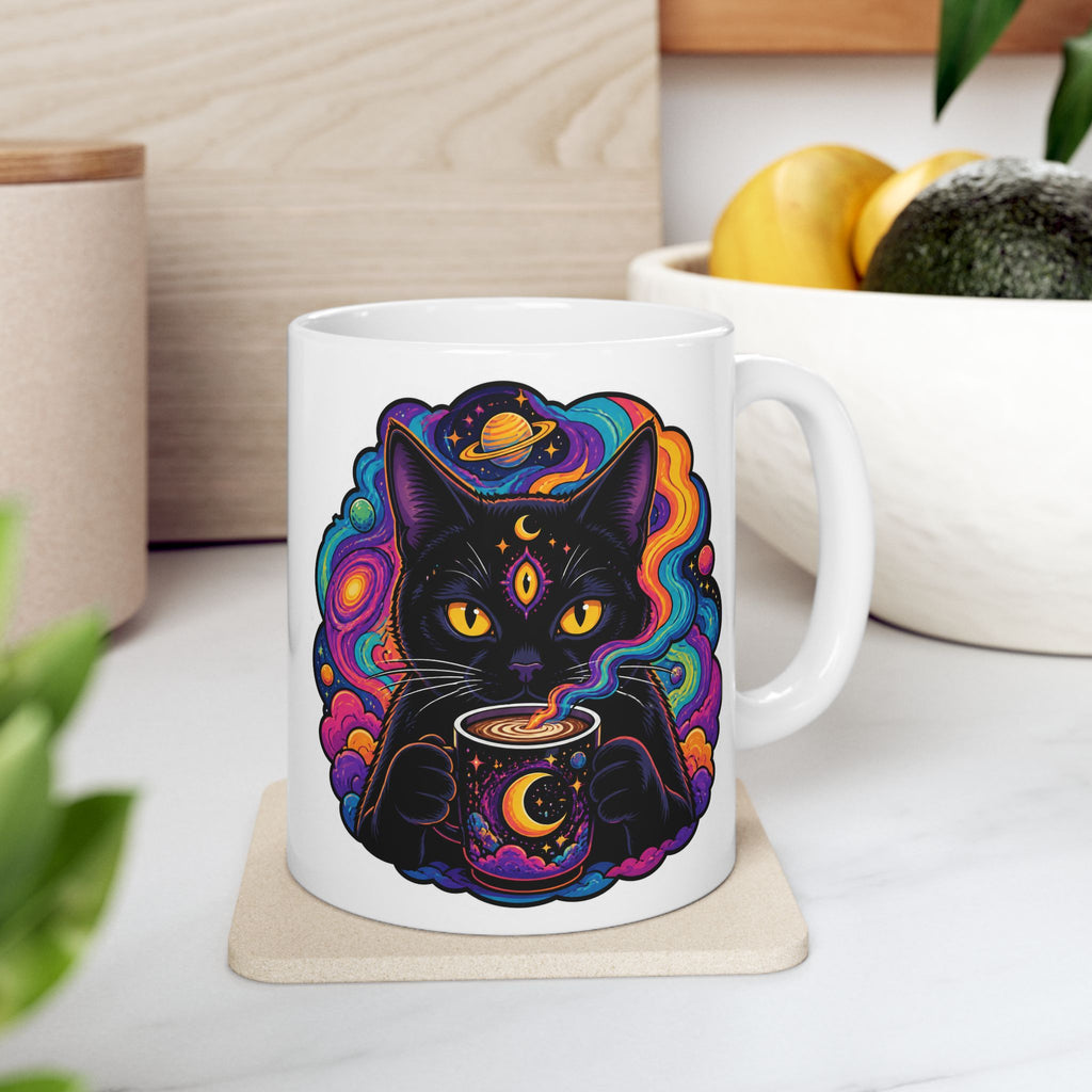 Psychedelic Cat Ceramic Mug – Colorful Cosmic Cat Coffee Cup (11oz, 15oz)