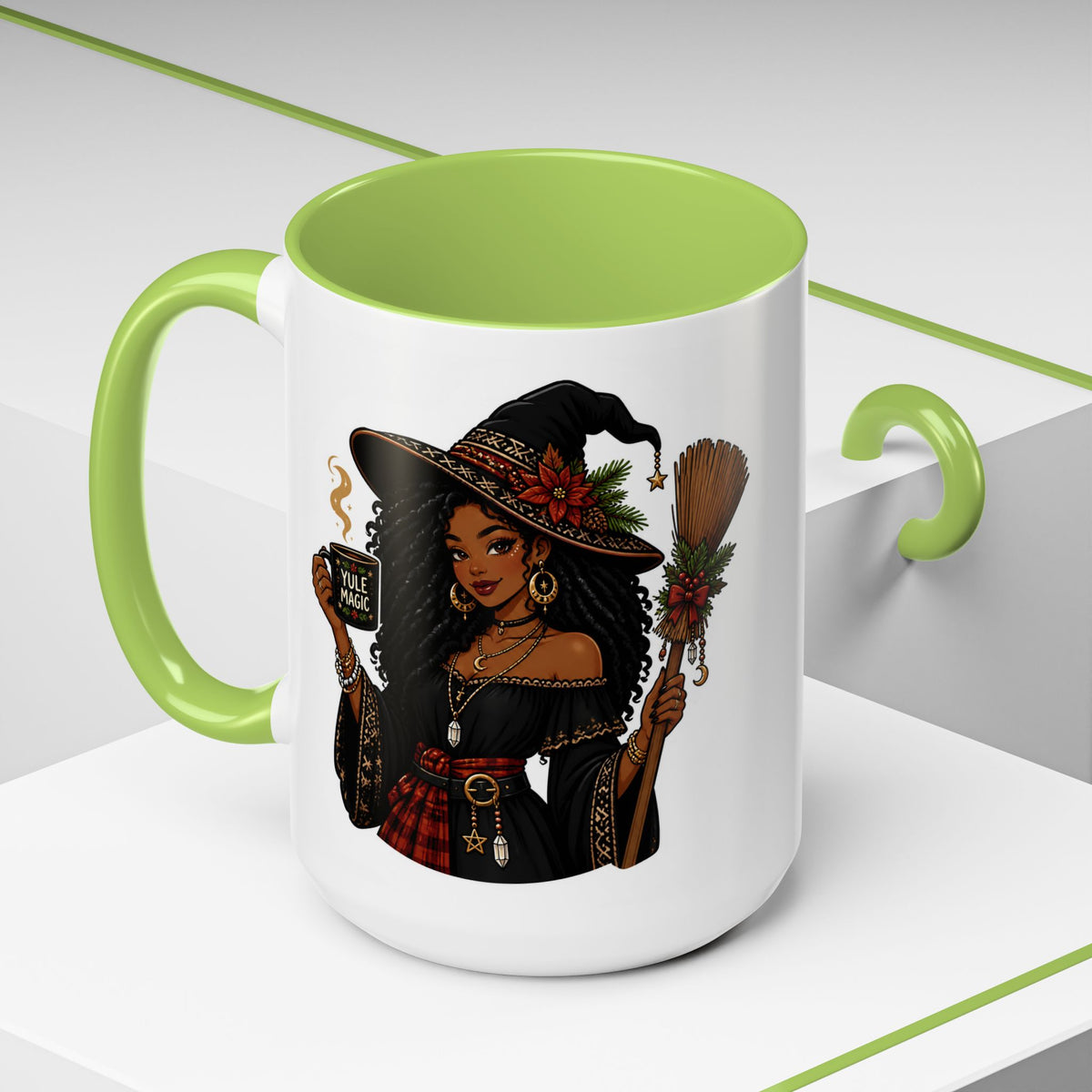 Witchy Christmas Coffee Mug with Black Witch and Broom Design