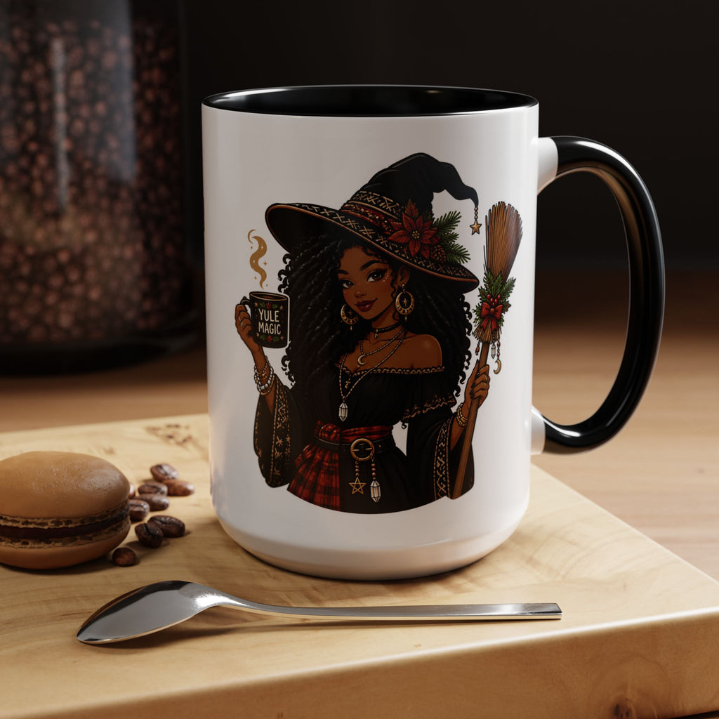 Witchy Christmas Coffee Mug with Black Witch and Broom Design
