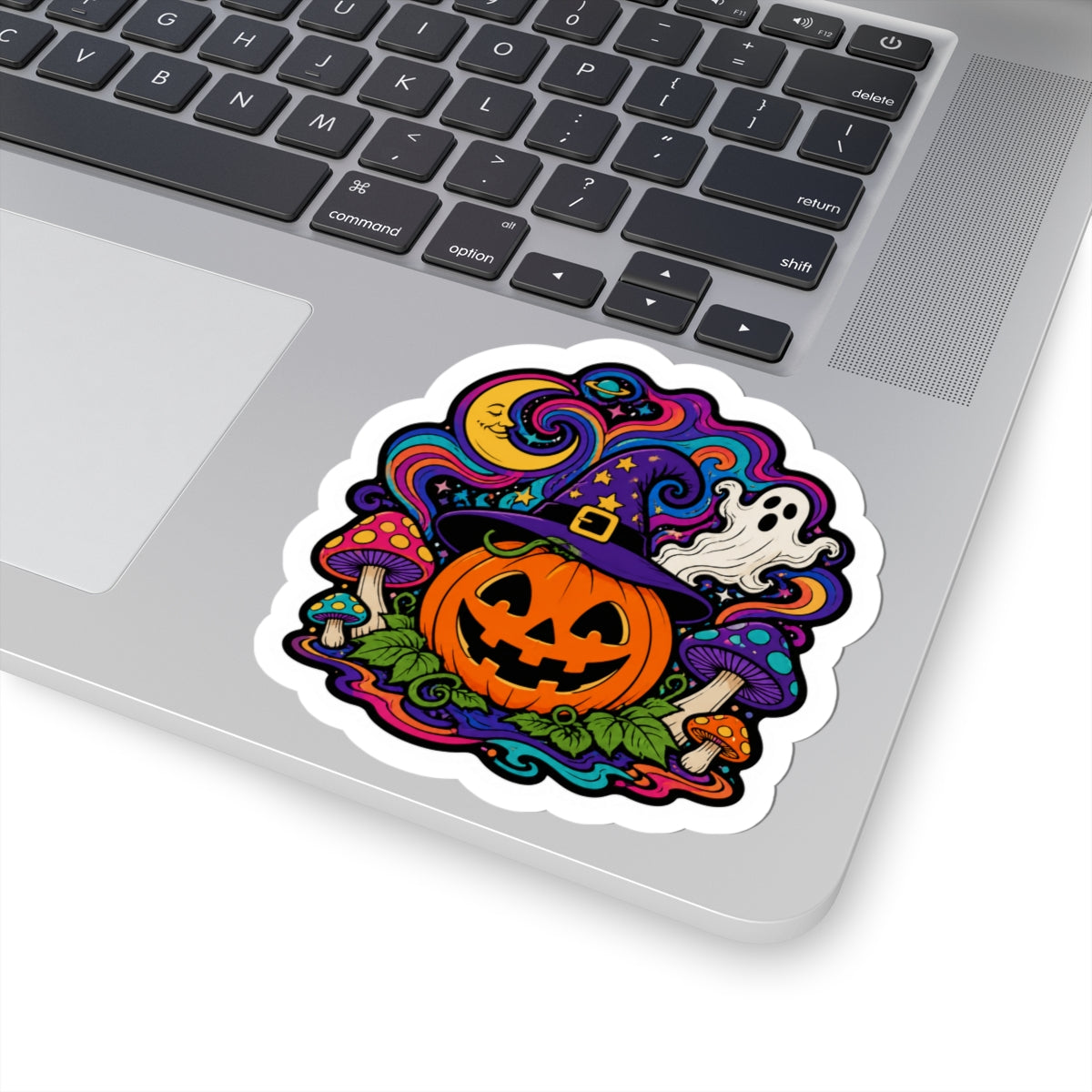 Halloween Pumpkin Witch Hat Kiss-Cut Sticker — Jack-O'-Lantern, Ghost & Psychedelic Mushroom Design
