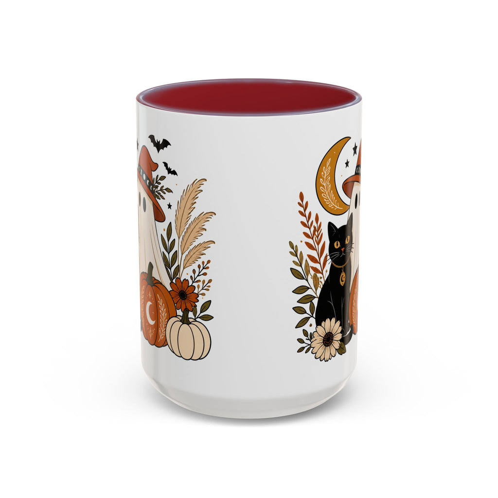 Halloween Ghost & Black Cat Accent Coffee Mug — Spooky Pumpkin Fall Coffee Cup (11/15oz)
