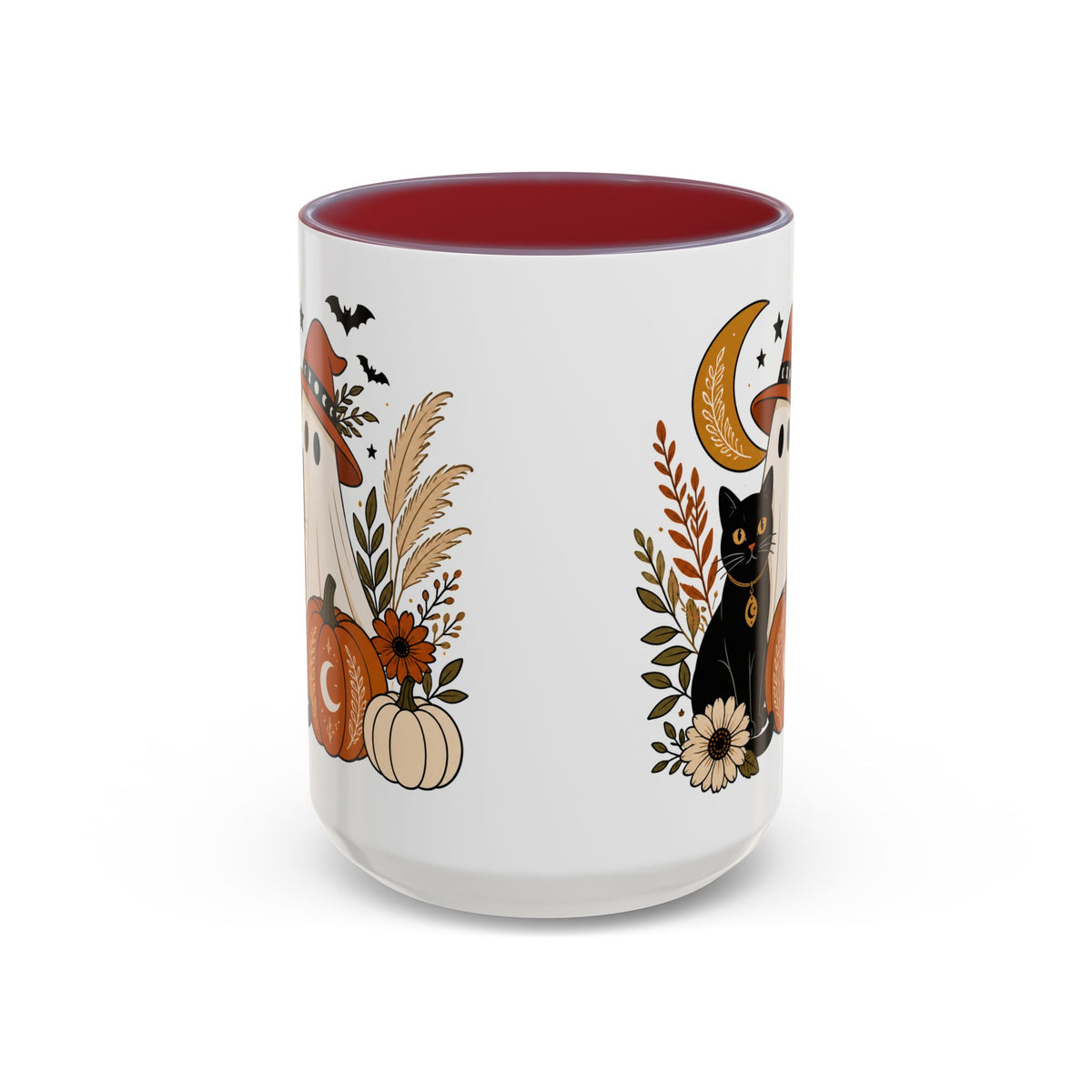 Halloween Ghost & Black Cat Accent Coffee Mug — Spooky Pumpkin Fall Coffee Cup (11/15oz)