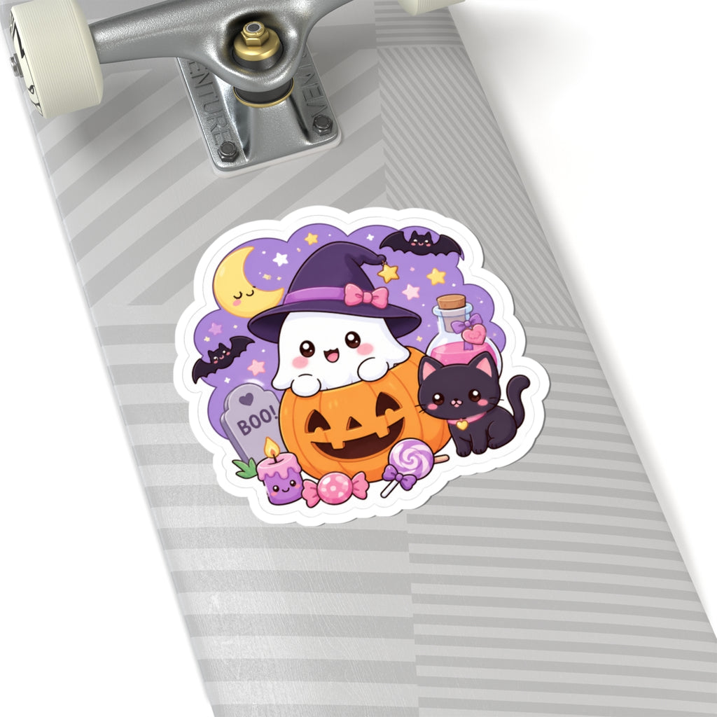 Cute Halloween Ghost & Black Cat Kiss-Cut Sticker — Pumpkin, Candy & Witch Hat Design