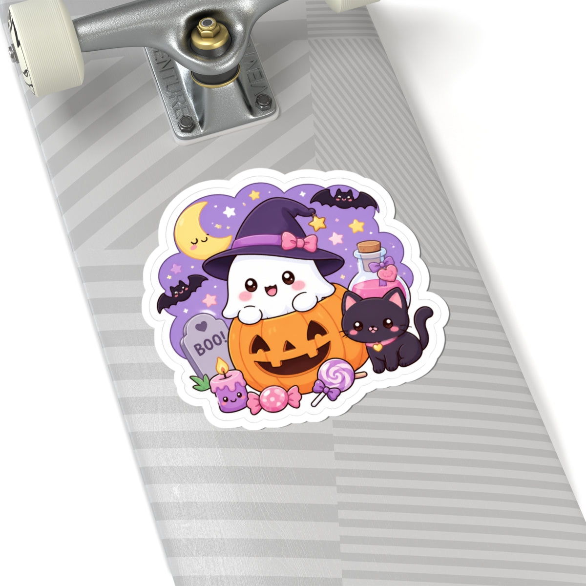 Cute Halloween Ghost & Black Cat Kiss-Cut Sticker — Pumpkin, Candy & Witch Hat Design