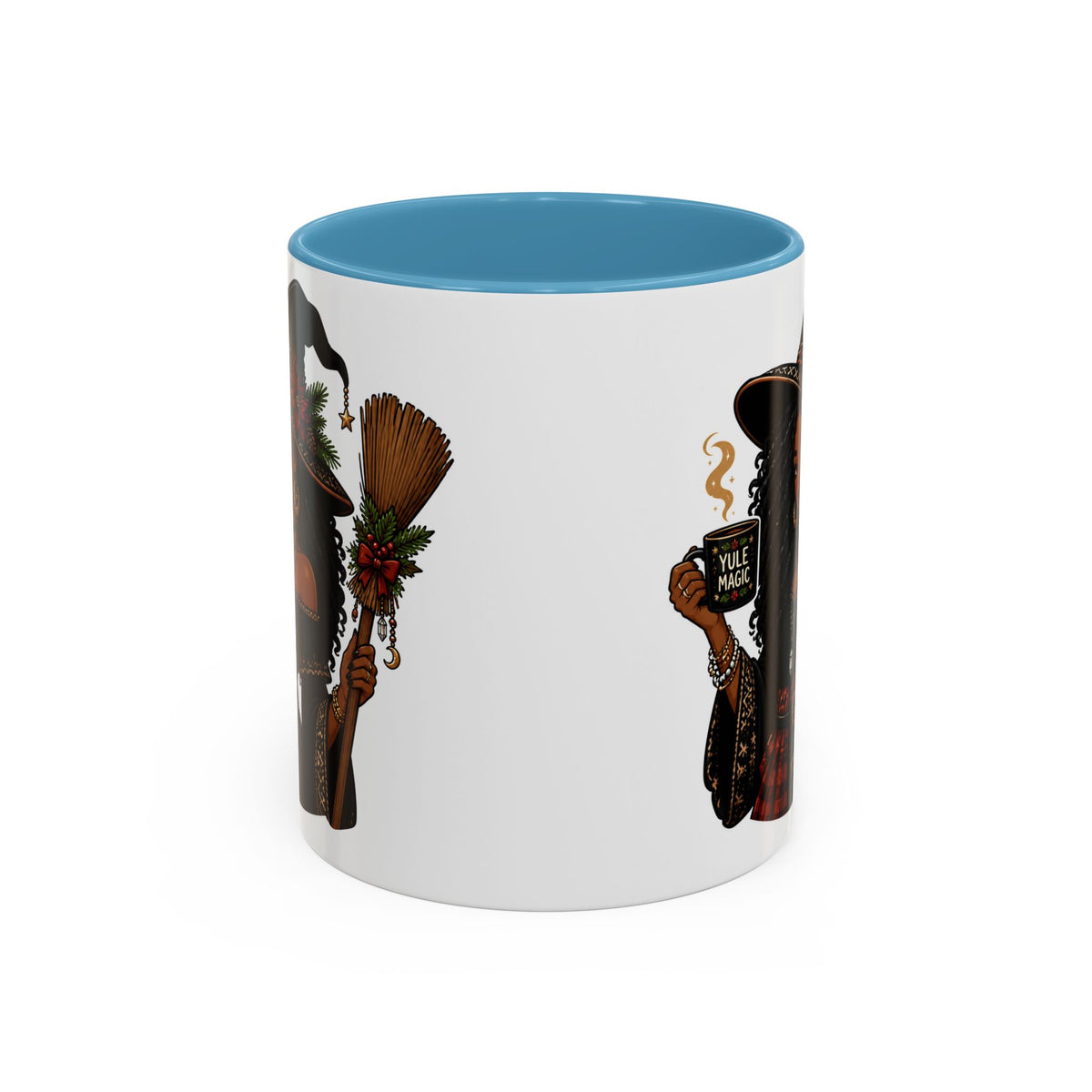 Witchy Christmas Coffee Mug with Black Witch and Broom Design